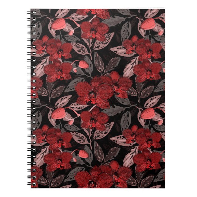 Caderno Espiral Orquídeas vermelhas em preto. (Frente)