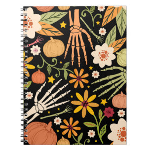Caderno Espiral Ossos de Halloween, padrão floral uniforme.