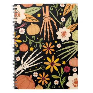 Caderno Espiral Ossos de Halloween, padrão floral uniforme.