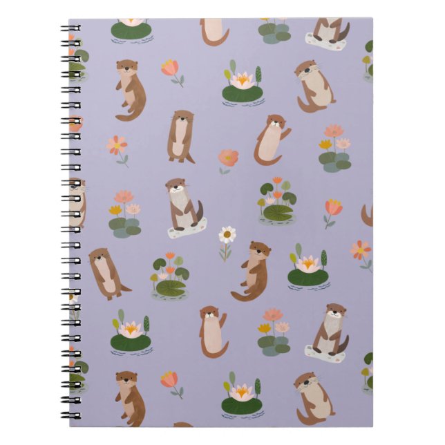 Caderno Espiral Otters & Lily Pads on Pale Gray-Purple (Frente)