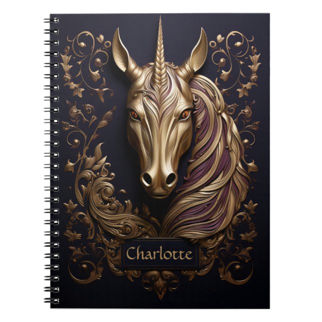 Caderno Espiral Ouro 3D Incrível Unicorn Personalizado (Frente)
