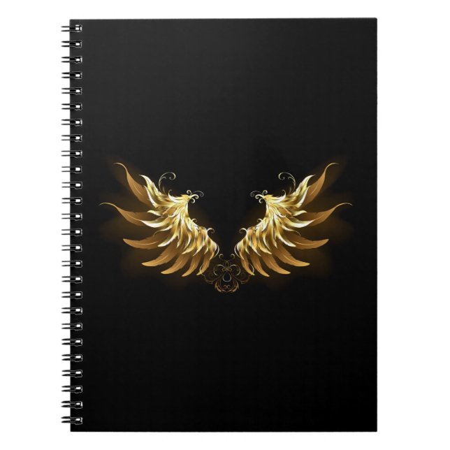 Caderno Espiral Ouro Angel Wings sobre fundo preto (Frente)