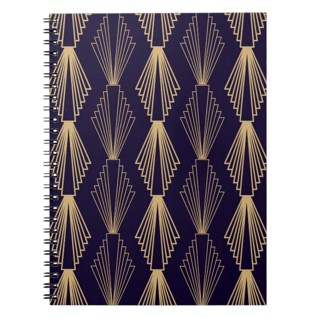 Caderno Espiral Ouro art Deco Pattern. Escuro azul escuro (Frente)