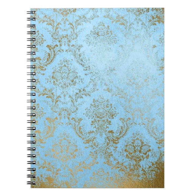 Caderno Espiral Ouro azul pálido, damasco rústico, shabby, vestido (Frente)