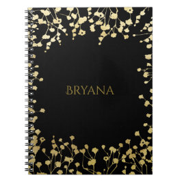 Caderno Espiral Ouro Baby's Breath Floral Elegante Preto