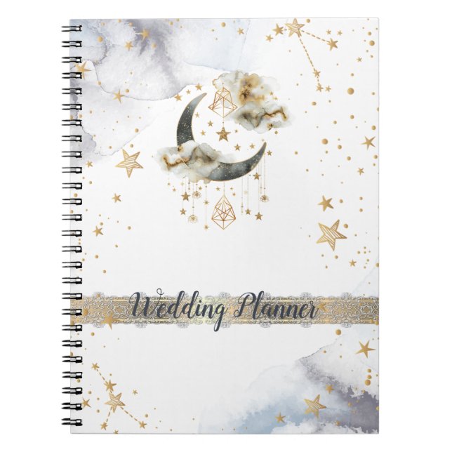 Caderno Espiral Ouro Celestial Lua Estrelas  (Frente)