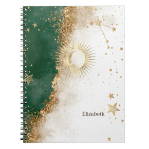 Caderno Espiral Ouro Celestial Sol e Lua Estrelas Verde