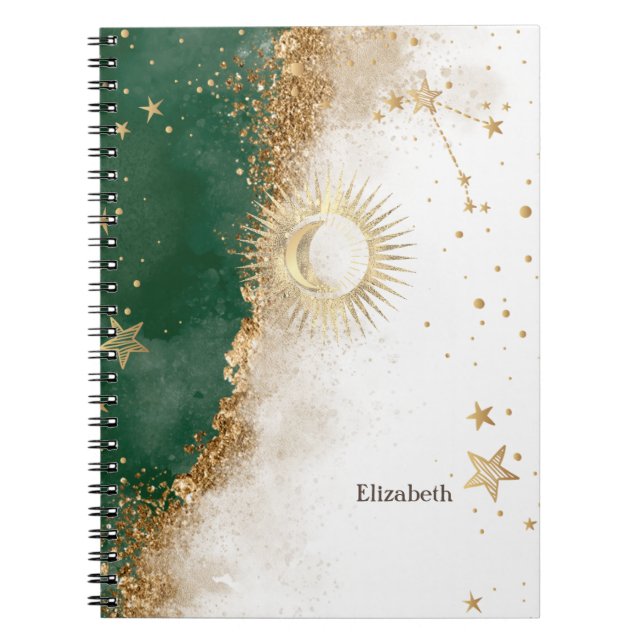 Caderno Espiral Ouro Celestial Sol e Lua Estrelas Verde (Frente)
