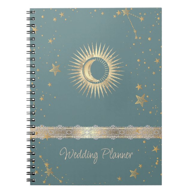 Caderno Espiral Ouro Celestial Sol e Lua Estrelas Verde Menta (Frente)
