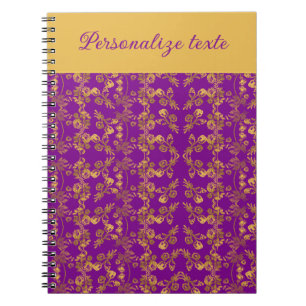 Caderno Espiral Ouro chic Flores púrpura personalizado