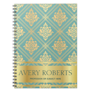 Caderno Espiral Ouro ciano floral elegante metálico moderno
