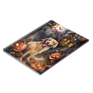 Caderno Espiral Ouro De Halloween Retriever Com Pumpkins Assustado