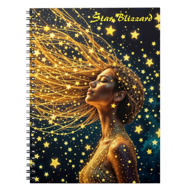 Caderno Espiral Ouro estrelado moda bela moça brilhando céu (Frente)
