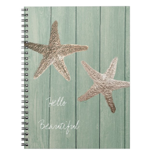 Caderno Espiral Ouro Starfish & Wood Elegant Beach Chic Personaliz (Frente)