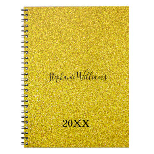 Caderno Espiral Ouro Yellow Glittery Custom Name Year Cute Girly