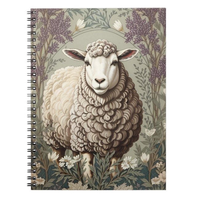 Caderno Espiral Ovelhas Elegantes Fundo de Flor de Lavanda (Frente)