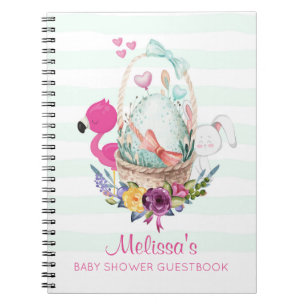 Caderno Espiral Ovo bonito em uma cesta com flamingo e coelho