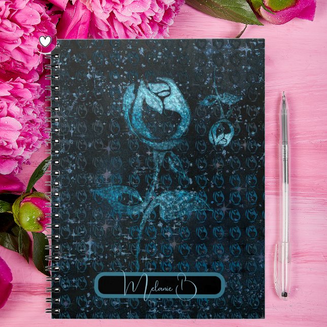Caderno Espiral Padrão abstrato azul escuro com rosas (Criador carregado)