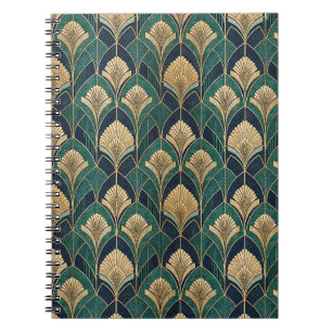 Caderno Espiral Padrão Abstrato Geométrico Art Déco Dourado e Azul