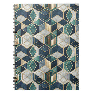 Caderno Espiral Padrão Abstrato Geométrico Moderno em Azul Turques