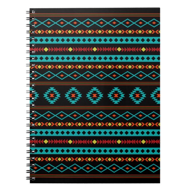 Caderno Espiral Padrão Aztec Teal Reds Amarelo Preto Misturado Mot (Frente)