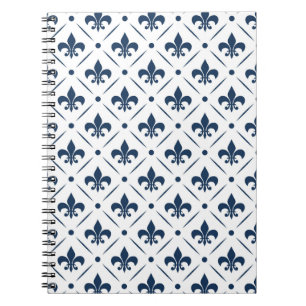 Caderno Espiral Padrão azul escuro Fleur De Lis sobre fundo branco