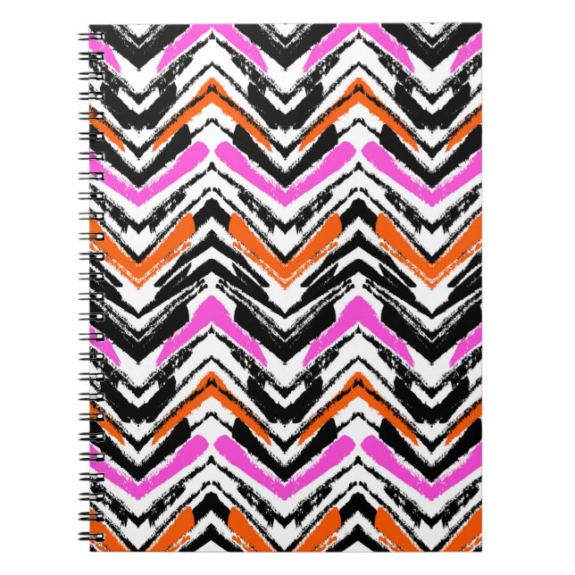 Caderno Espiral Padrão Chevron Preto, Laranja E Rosa Desenhado À M (Frente)