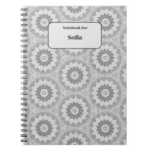 Caderno Espiral Padrão circular monocromático preto&branco com nom