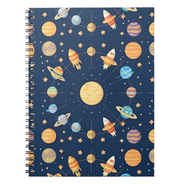 Caderno Espiral Padrão Colorido com Tema Espacial com Planetas (Frente)