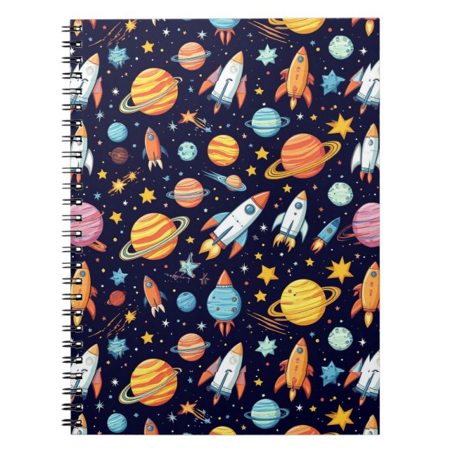 Caderno Espiral Padrão Colorido de Exploração Espacial (Frente)
