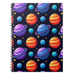 Caderno Espiral Padrão Colorido de Planetas e Estrelas