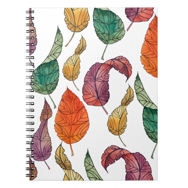 Caderno Espiral Padrão com folhas de outono sobre fundo branco, (Frente)
