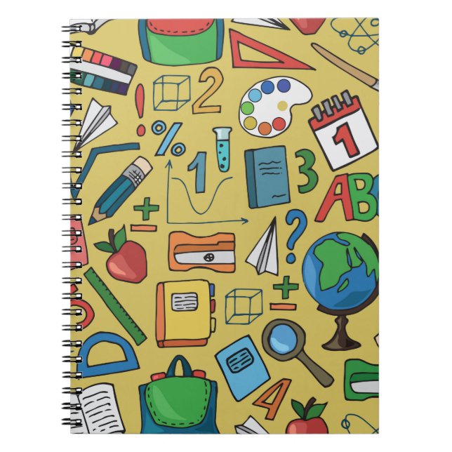 Caderno Espiral Padrão constante com material escolar em amarelo (Frente)