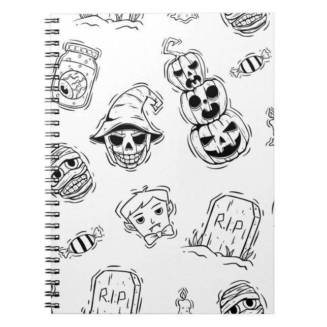 Caderno Espiral Padrão constante de ícones de halloween com desenh (Frente)