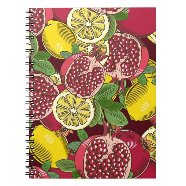Caderno Espiral Padrão contínuo colorido com romãs e limão (Frente)