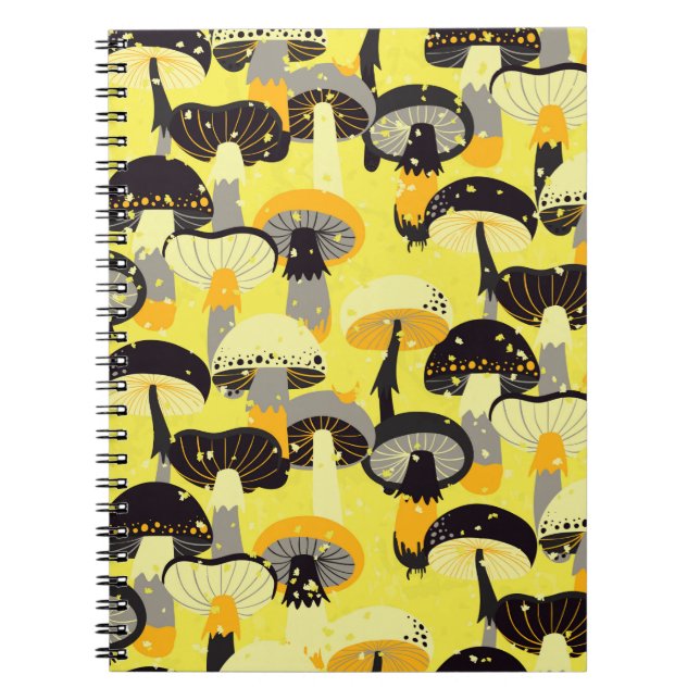 Caderno Espiral Padrão contínuo com diferentes cogumelos.  (Frente)
