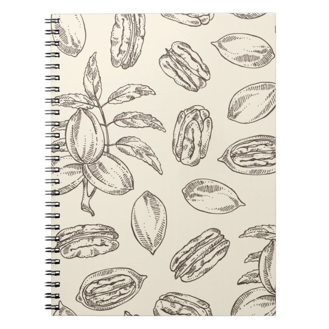 Caderno Espiral Padrão contínuo com noz-pecã: nozes e folhas de no (Frente)