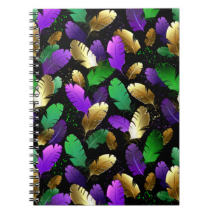 Caderno Espiral Padrão contínuo com penas de Mardi Gras