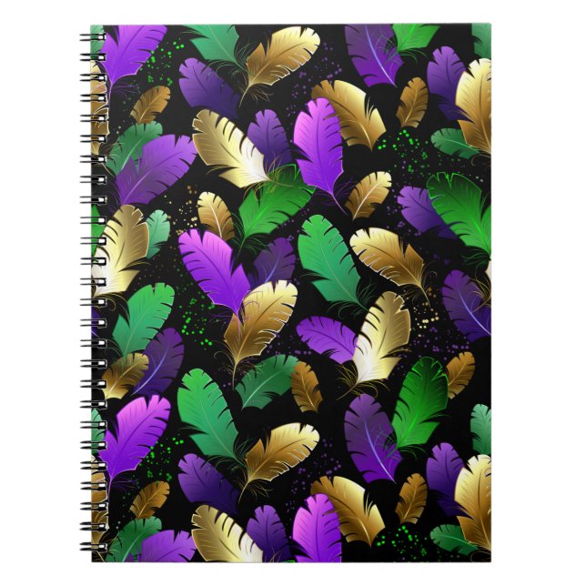 Caderno Espiral Padrão contínuo com penas de Mardi Gras (Frente)