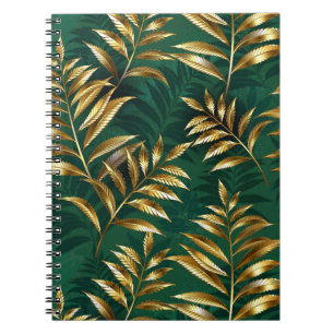 Caderno Espiral Padrão contínuo com samambaias douradas