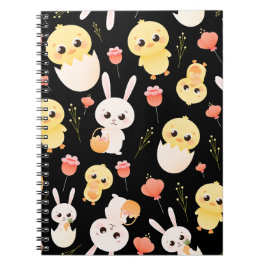 Caderno Espiral Padrão contínuo de adoráveis coelhinhos e pintinho