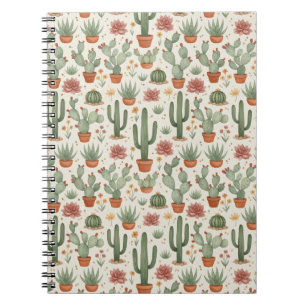 Caderno Espiral Padrão contínuo de cactos suculentos do deserto