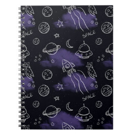 Caderno Espiral Padrão contínuo de espaço exterior roxo caprichoso