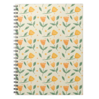 Caderno Espiral Padrão contínuo de Flor Silvestre Laranja em Aquar