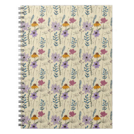 Caderno Espiral Padrão contínuo de flores silvestres caprichosas