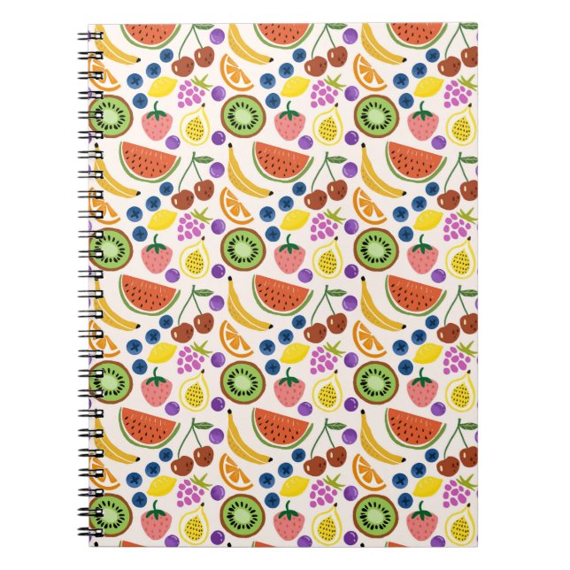 Caderno Espiral Padrão contínuo de frutas com doodle desenhado à m (Frente)