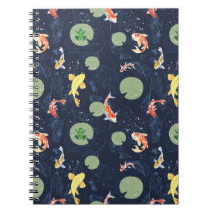 Caderno Espiral Padrão contínuo de lago de peixes Koi em aquarela
