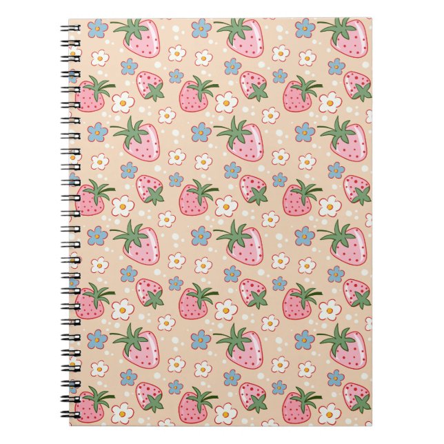 Caderno Espiral Padrão contínuo de morango e margarida fofos (Frente)