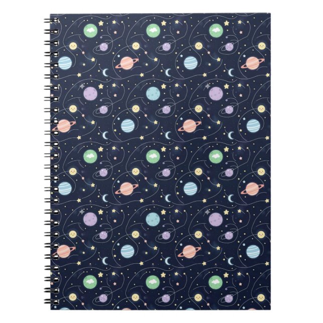 Caderno Espiral Padrão contínuo de planetas do Sistema Solar (Frente)