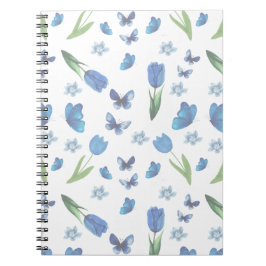 Caderno Espiral Padrão contínuo de Tulipa Azul e Borboleta